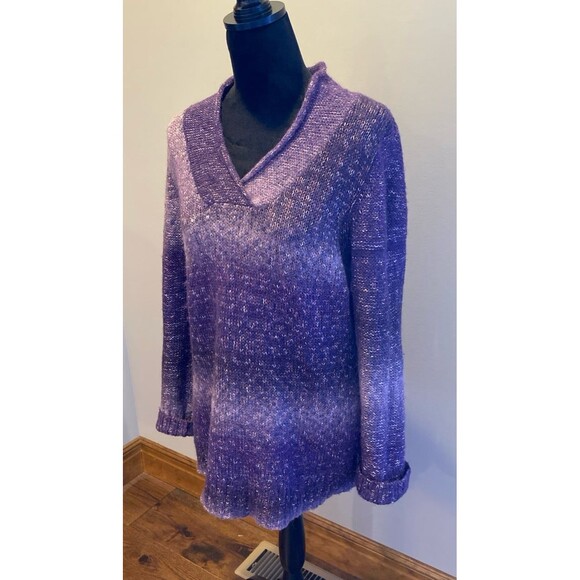 Coldwater Creek Purple Sweater Sz Large 25% Wool V Neck Variegated Fuzzy Striped - Picture 5 of 12